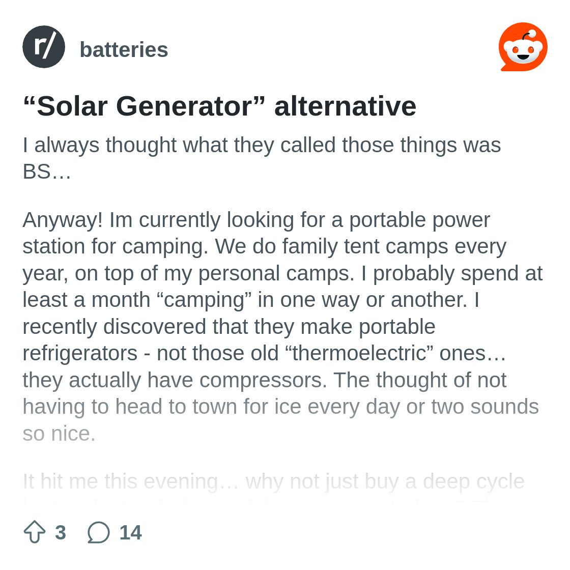 r/batteries on Reddit: “Solar Generator” alternative