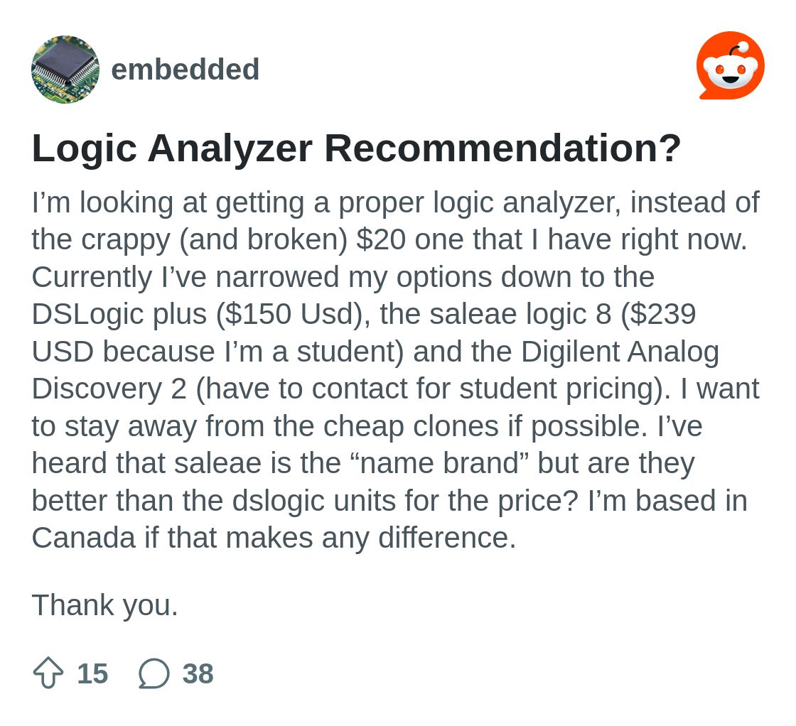 r/embedded on Reddit: Logic Analyzer Recommendation?