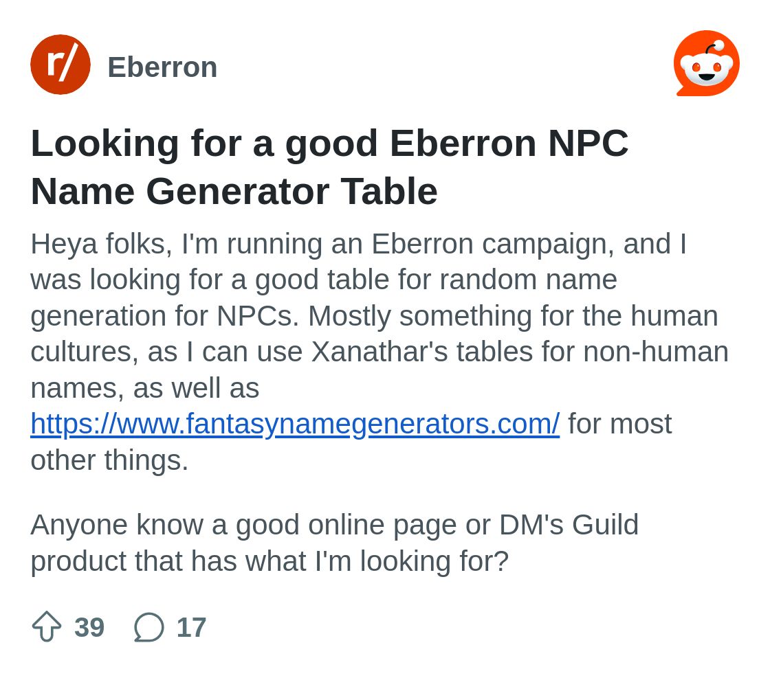 Looking for a good Eberron NPC Name Generator Table : r/Eberron