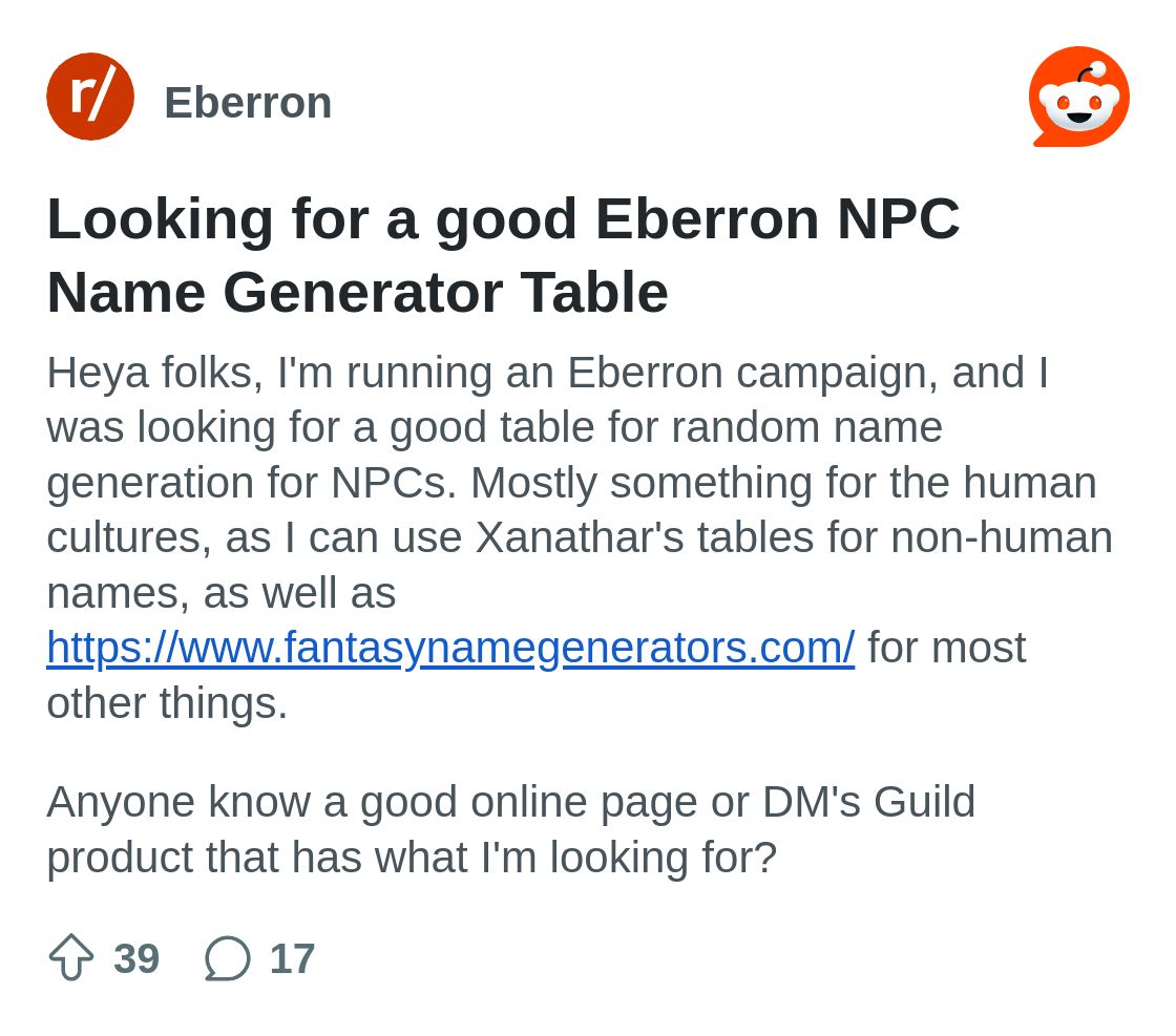 r/Eberron on Reddit: Looking for a good Eberron NPC Name Generator Table