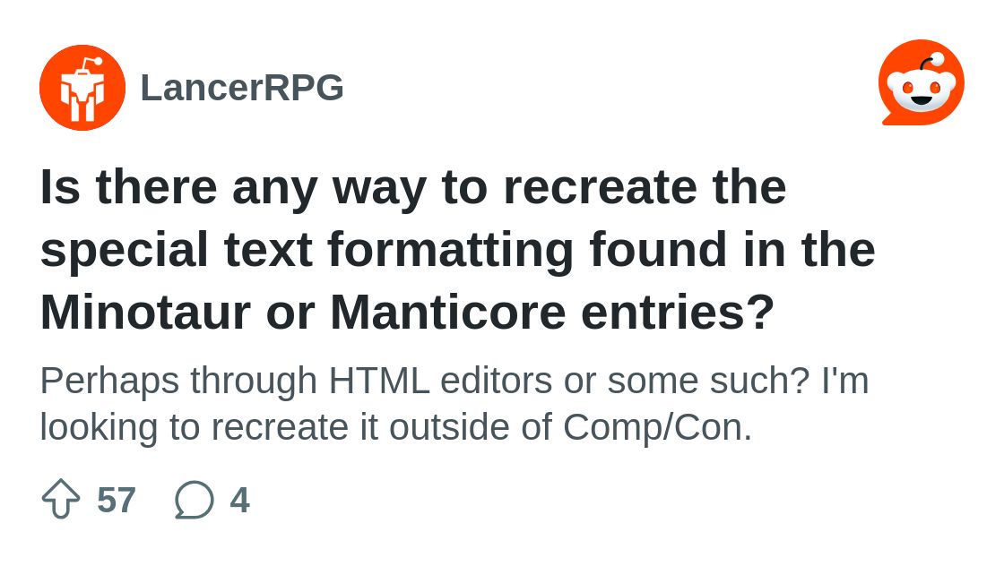 r/LancerRPG on Reddit: Is there any way to recreate the special text formatting found in the Minotaur or Manticore entries?