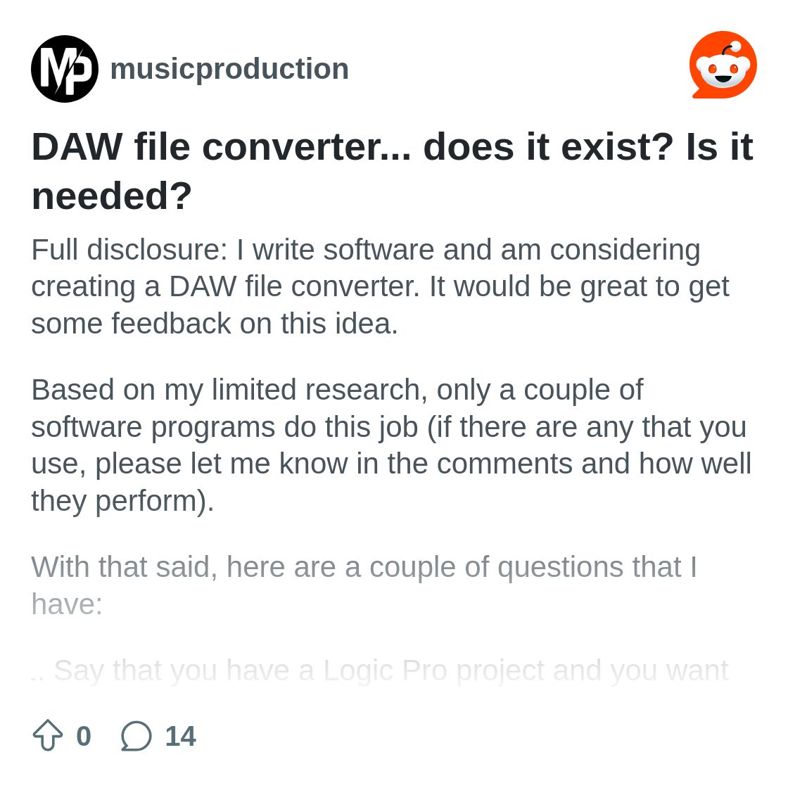 r/musicproduction on Reddit: DAW file converter... does it exist? Is it needed?