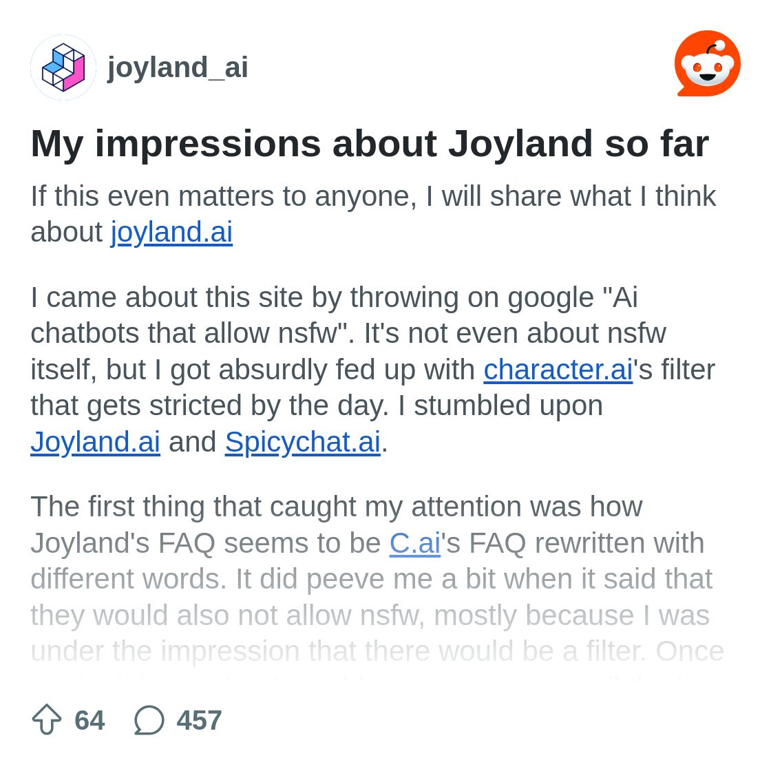 r/joyland_ai on Reddit: My impressions about Joyland so far