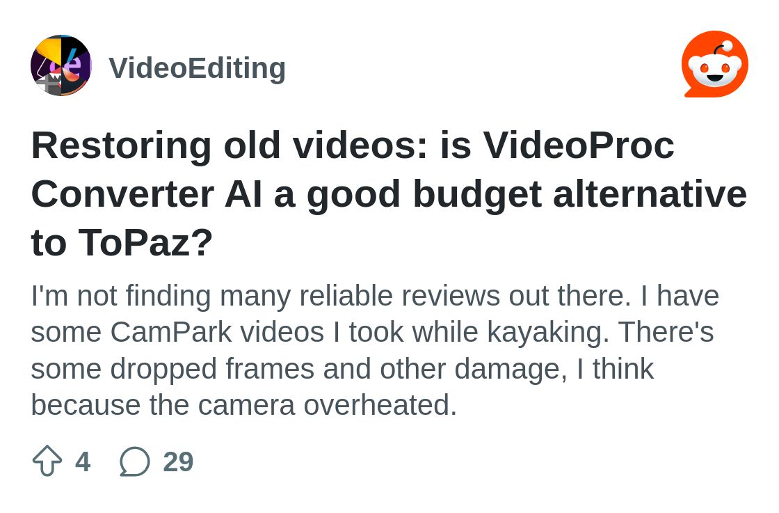 r/VideoEditing on Reddit: Restoring old videos: is VideoProc Converter AI a good budget alternative to ToPaz?