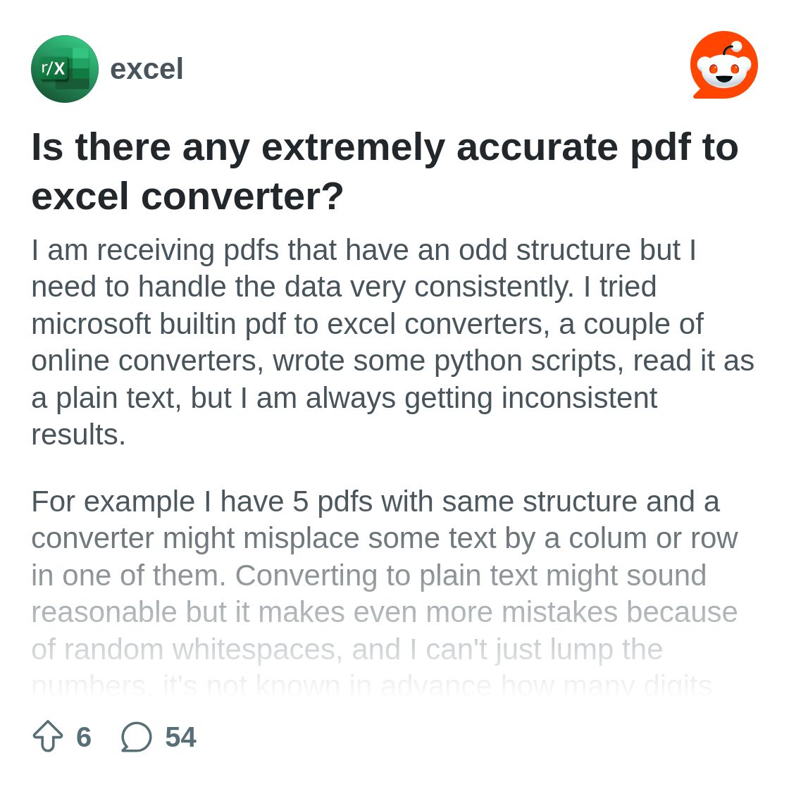 r/excel on Reddit: Is there any extremely accurate pdf to excel converter?