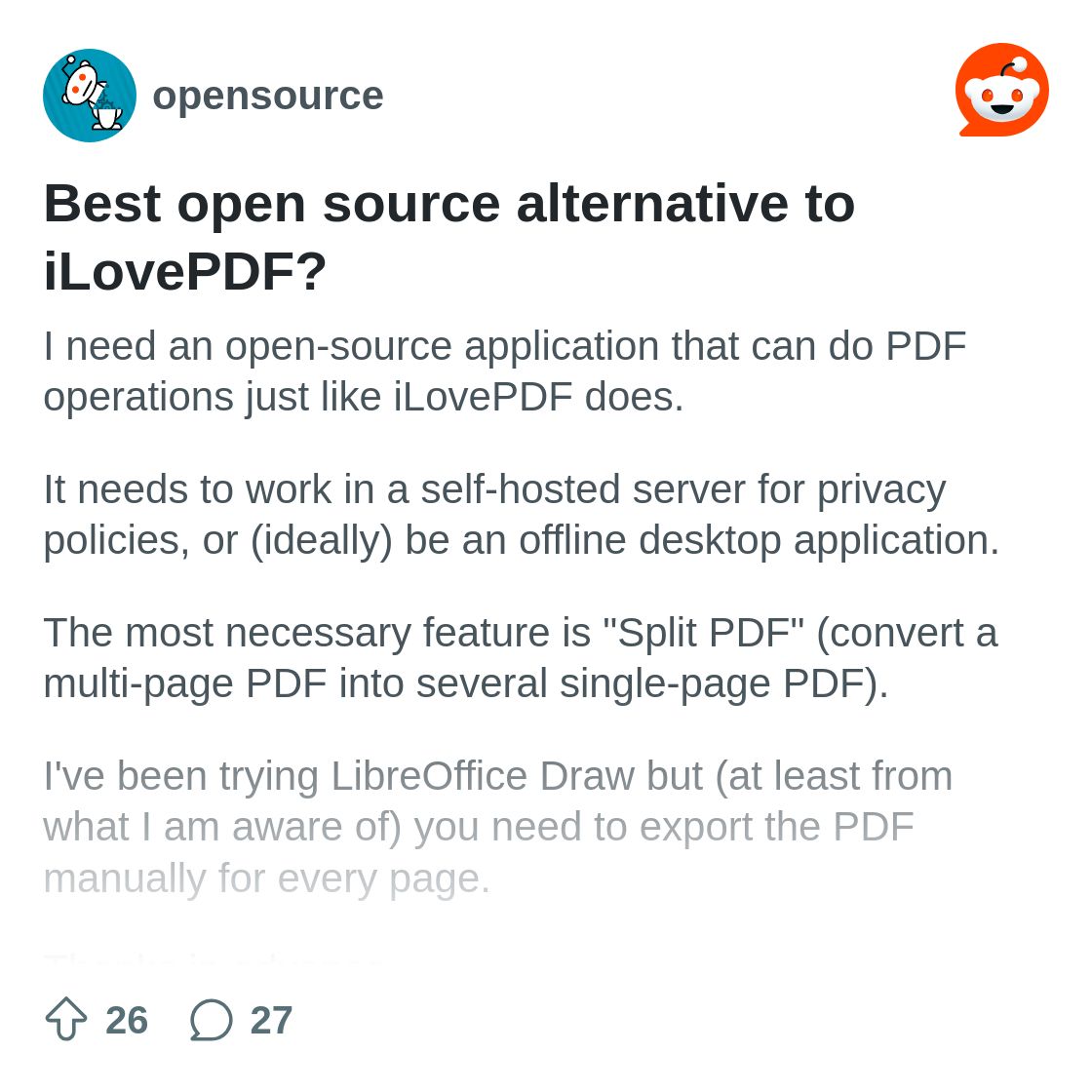 r/opensource on Reddit: Best open source alternative to iLovePDF?