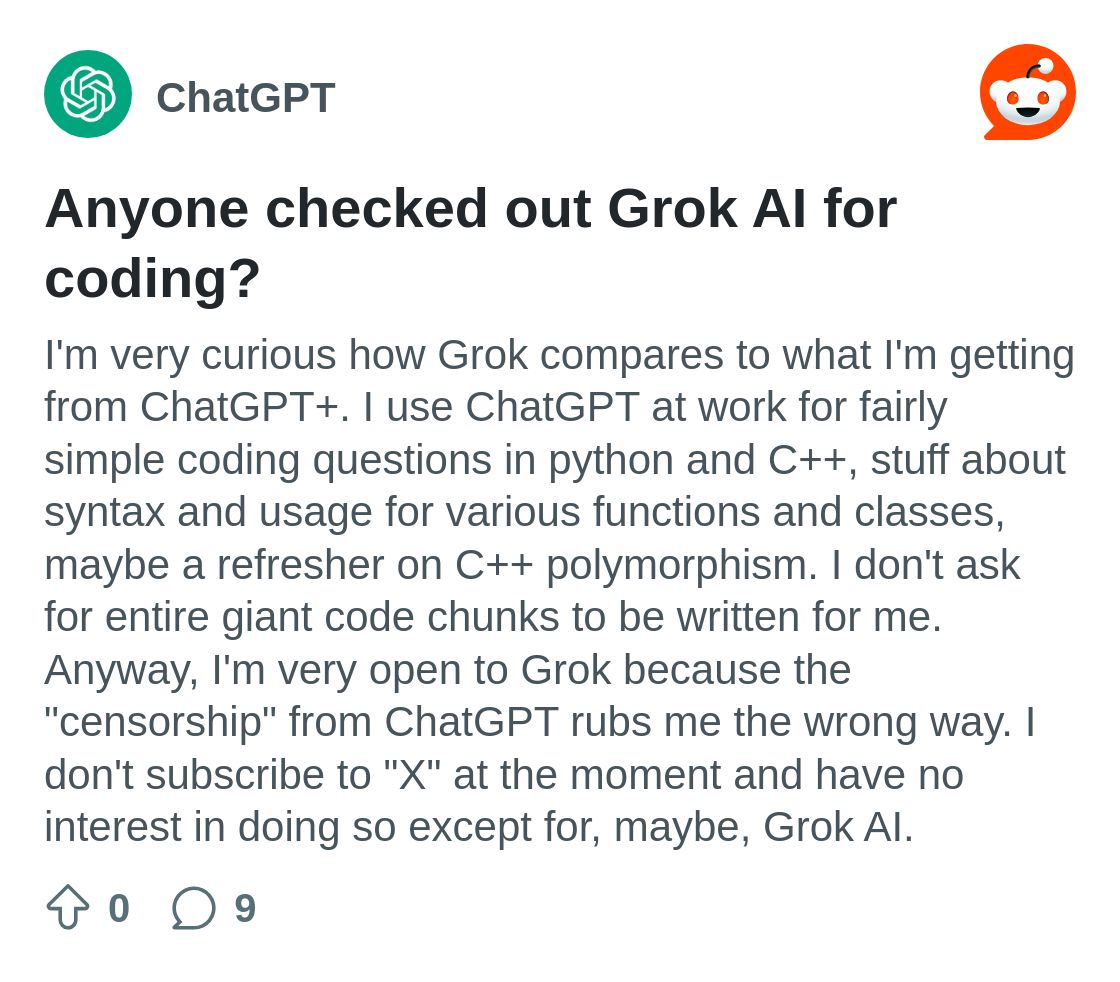 r/ChatGPT on Reddit: Anyone checked out Grok AI for coding?