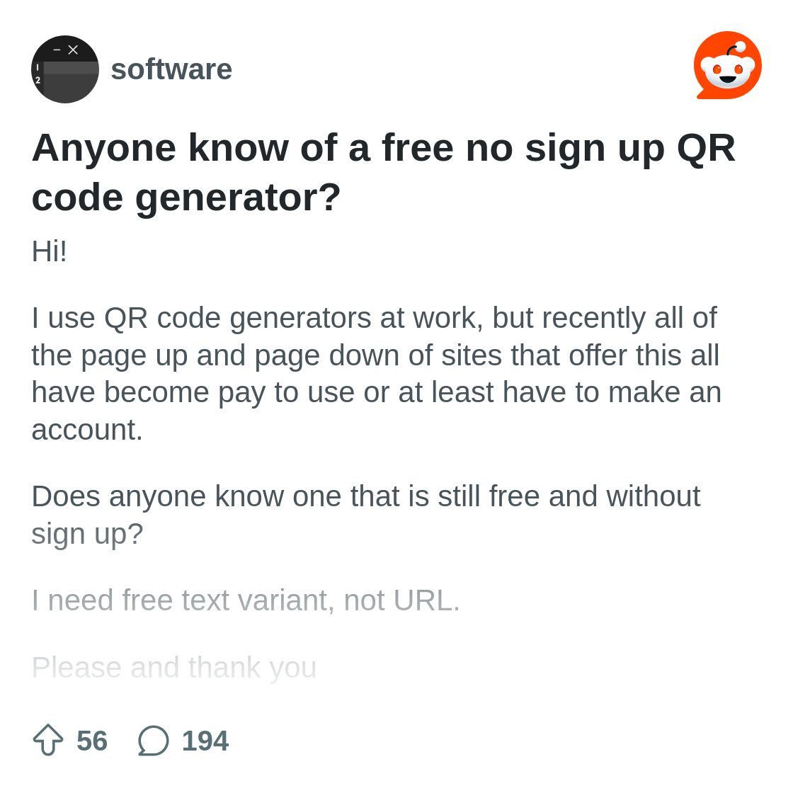 Anyone know of a free no sign up QR code generator? : r/software