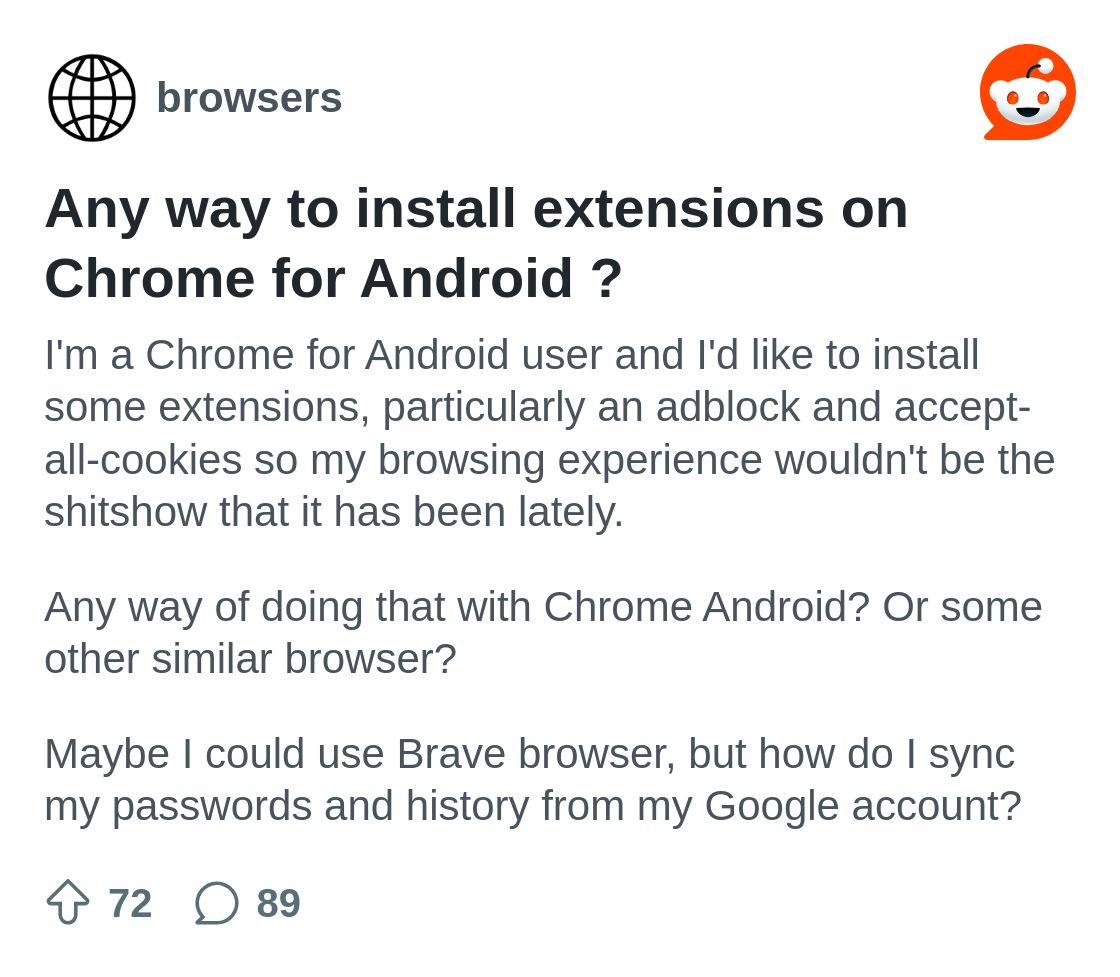 Any way to install extensions on Chrome for Android ? : r/browsers