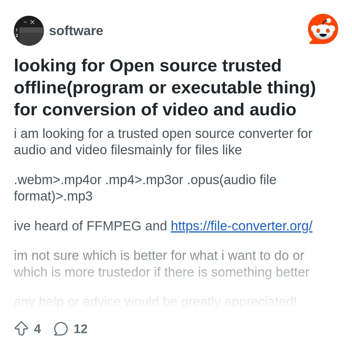 r/software on Reddit: looking for Open source trusted offline(program or executable thing) for conversion of video and audio