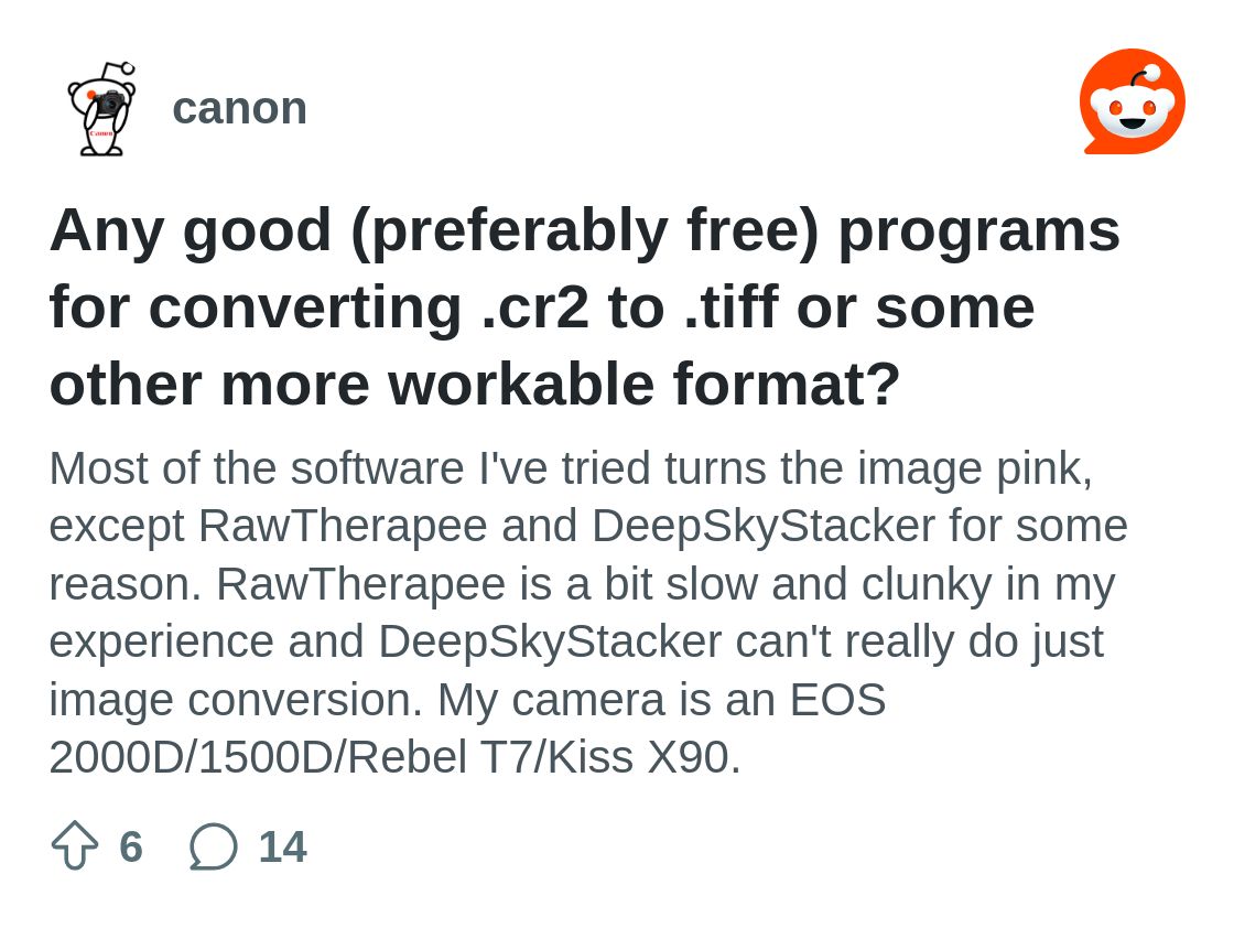 r/canon on Reddit: Any good (preferably free) programs for converting .cr2 to .tiff or some other more workable format?