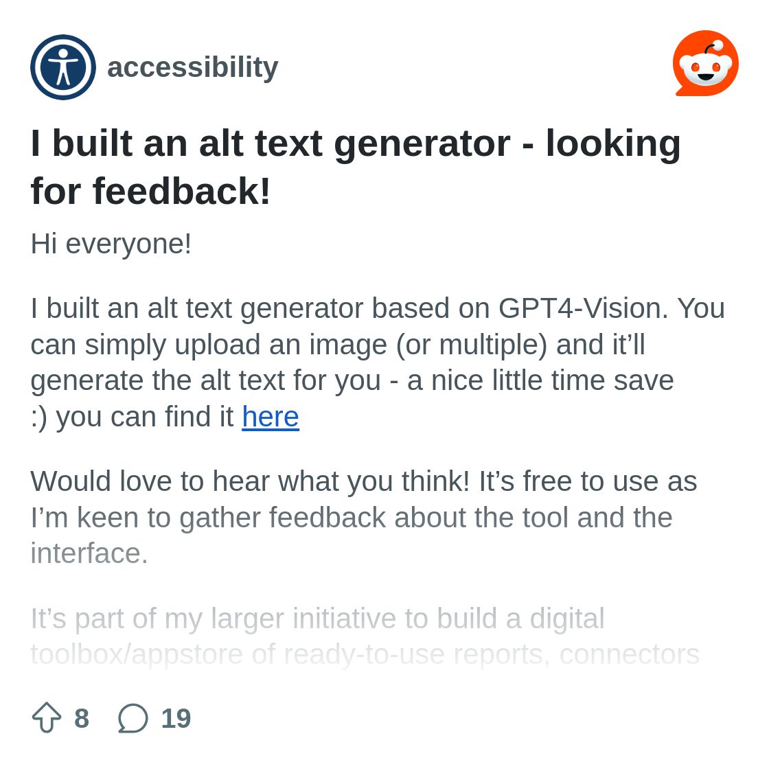 I built an alt text generator - looking for feedback! : r/accessibility