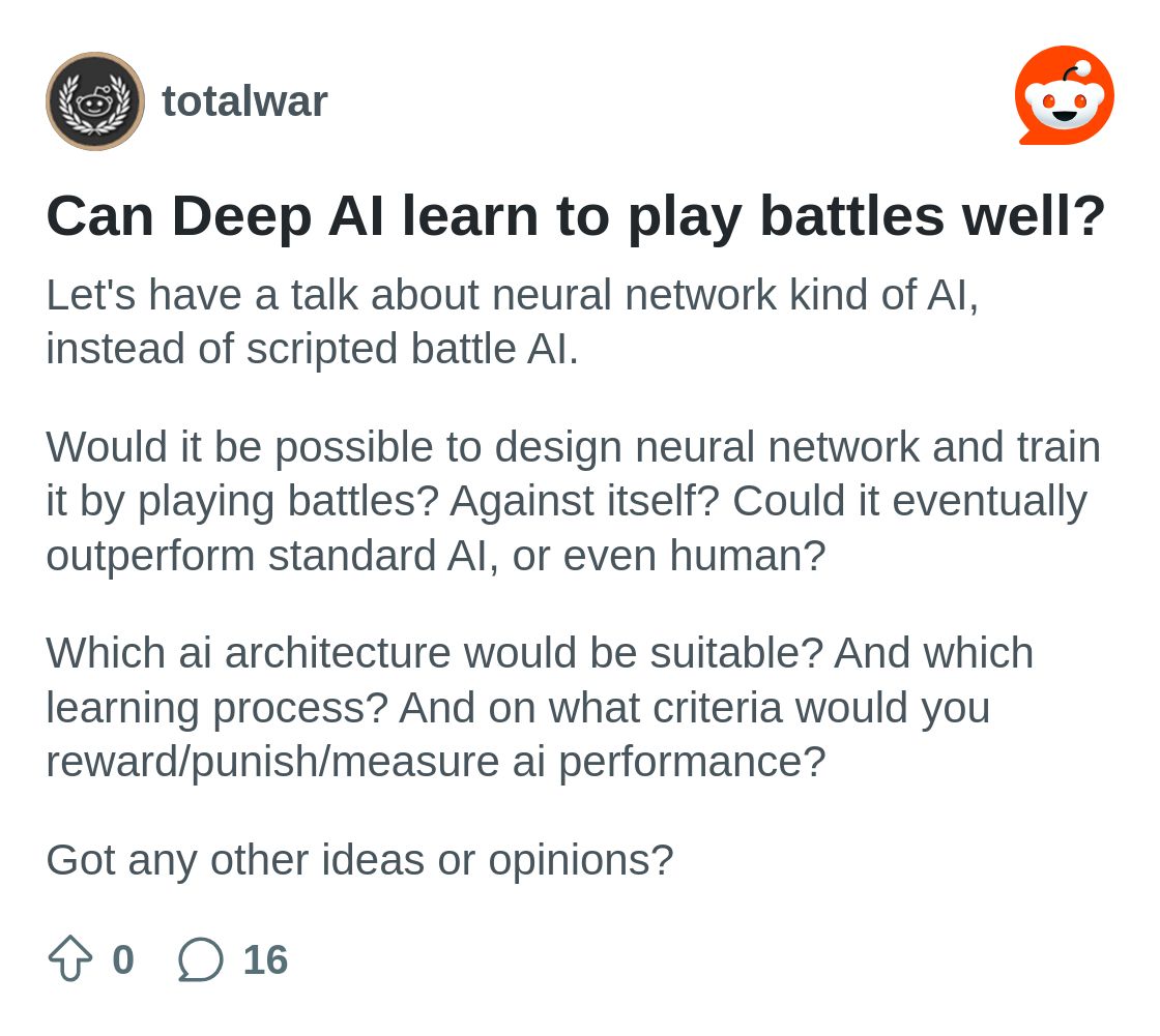 r/totalwar on Reddit: Can Deep AI learn to play battles well?