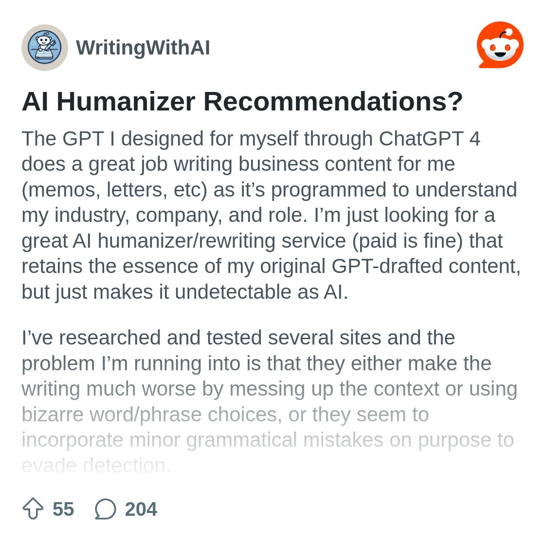 r/WritingWithAI on Reddit: AI Humanizer Recommendations?