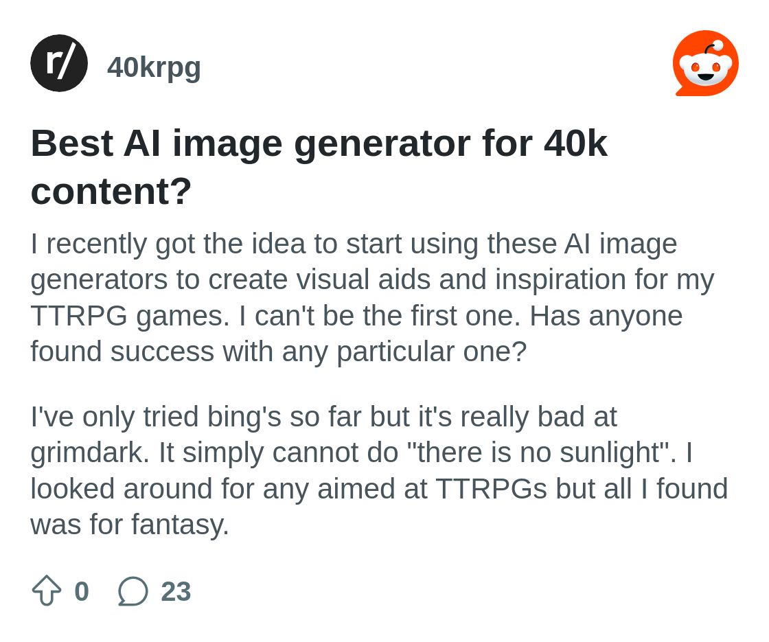 r/40krpg on Reddit: Best AI image generator for 40k content?