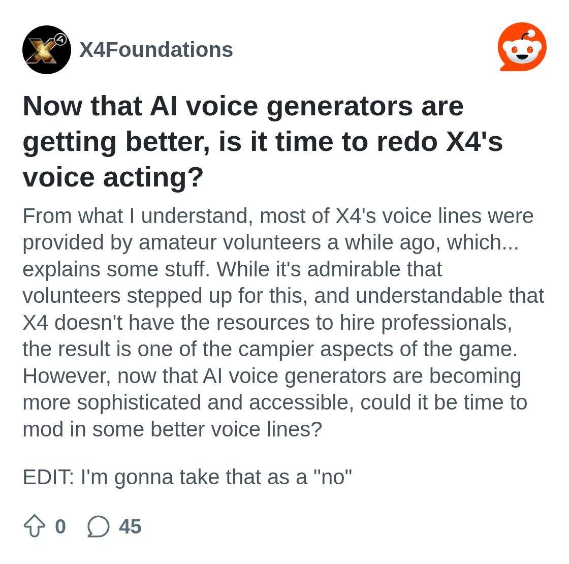 Now that AI voice generators are getting better, is it time to redo X4's ...