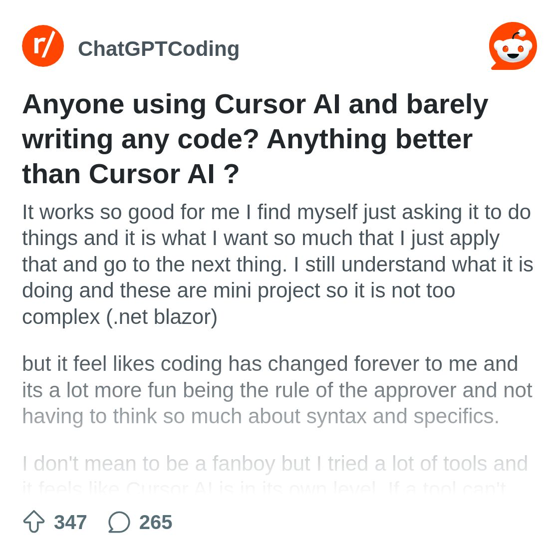 Anyone using Cursor AI and barely writing any code? Anything ...