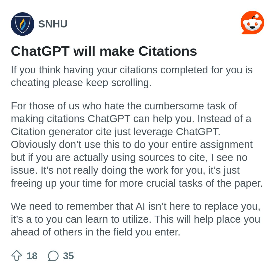 r/SNHU on Reddit: ChatGPT will make Citations