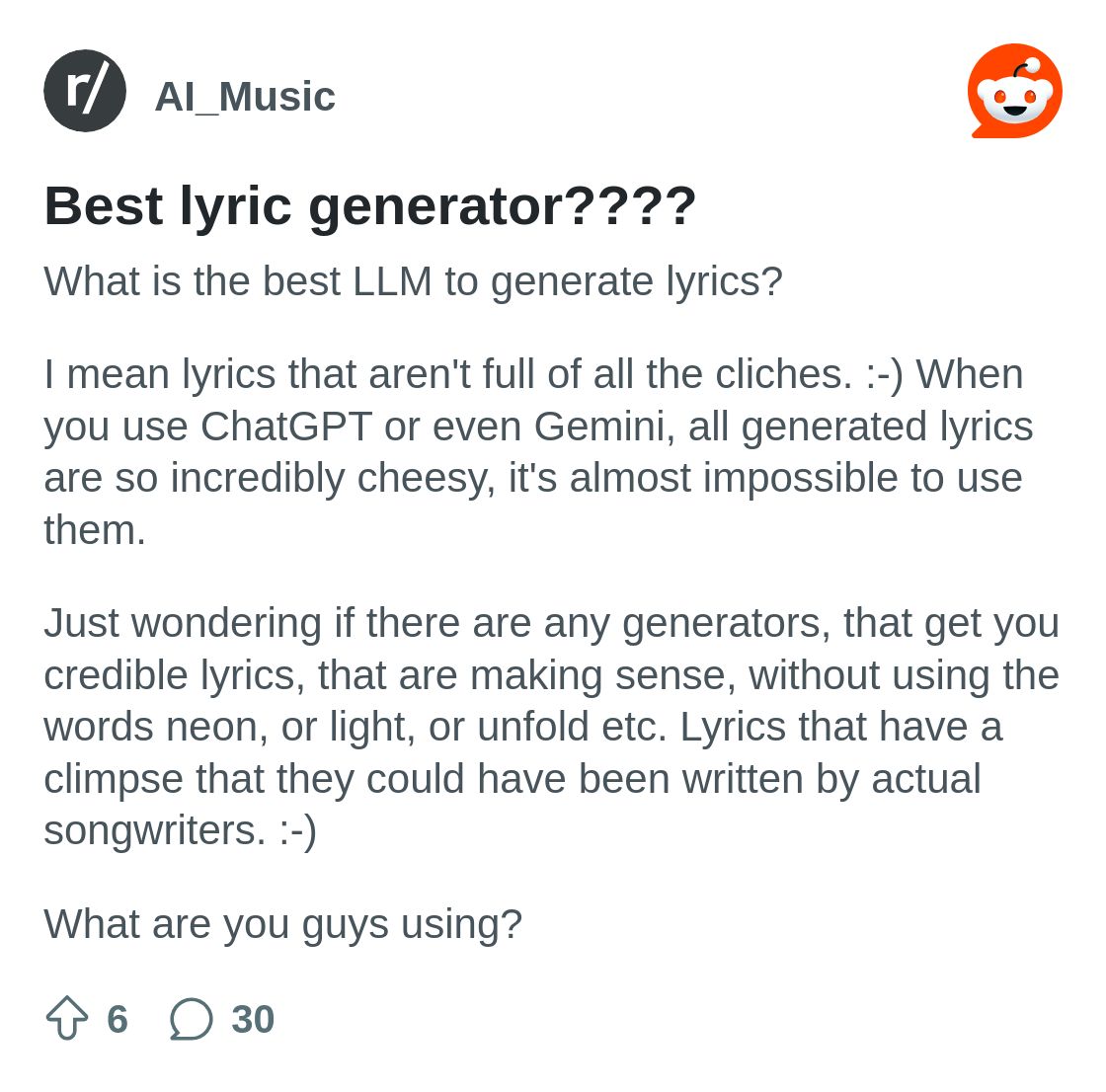 Best lyric generator???? : r/AI_Music