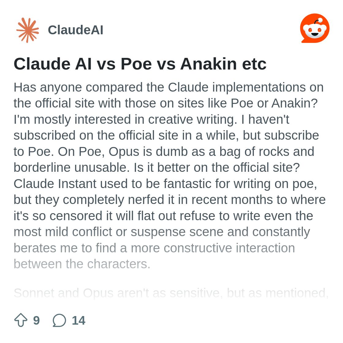 r/ClaudeAI on Reddit: Claude AI vs Poe vs Anakin etc