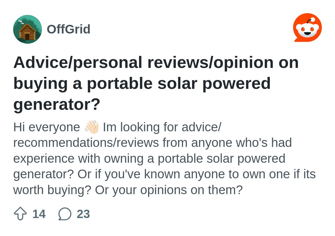 r/OffGrid on Reddit: Advice/personal reviews/opinion on buying a portable solar powered generator?