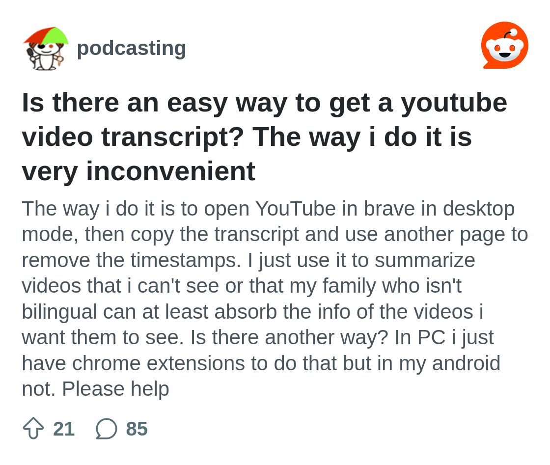r/podcasting on Reddit: Is there an easy way to get a youtube video transcript? The way i do it is very inconvenient