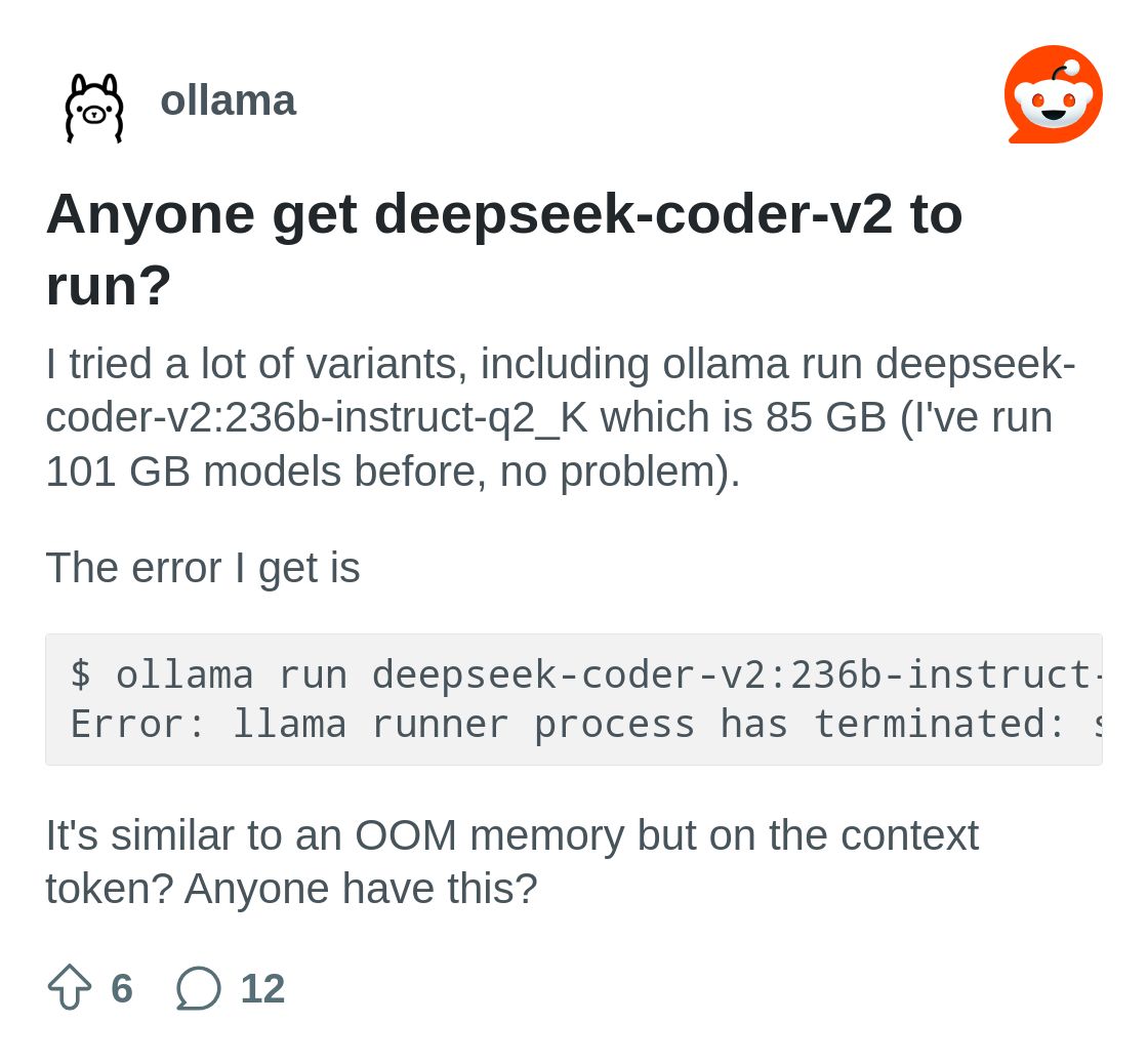 r/ollama on Reddit: Anyone get deepseek-coder-v2 to run?