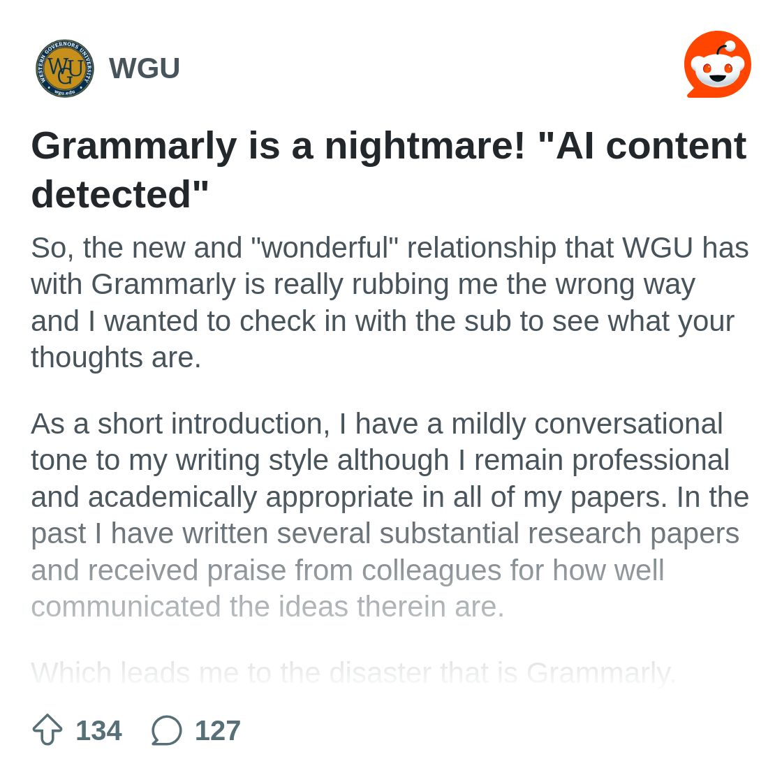 r/WGU on Reddit: Grammarly is a nightmare!  "AI content detected"