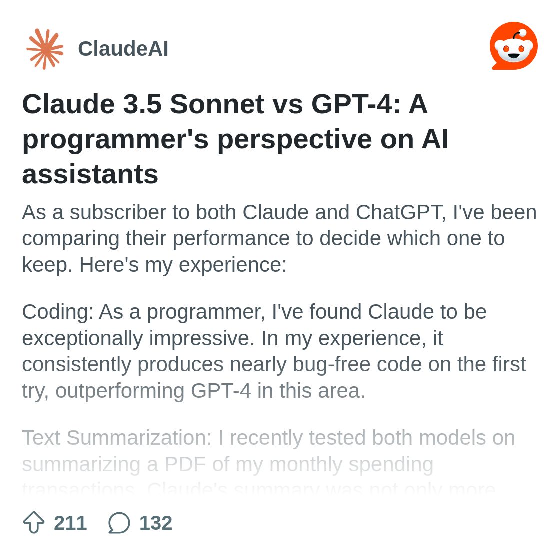 r/ClaudeAI on Reddit: Claude 3.5 Sonnet vs GPT-4: A programmer's perspective on AI assistants