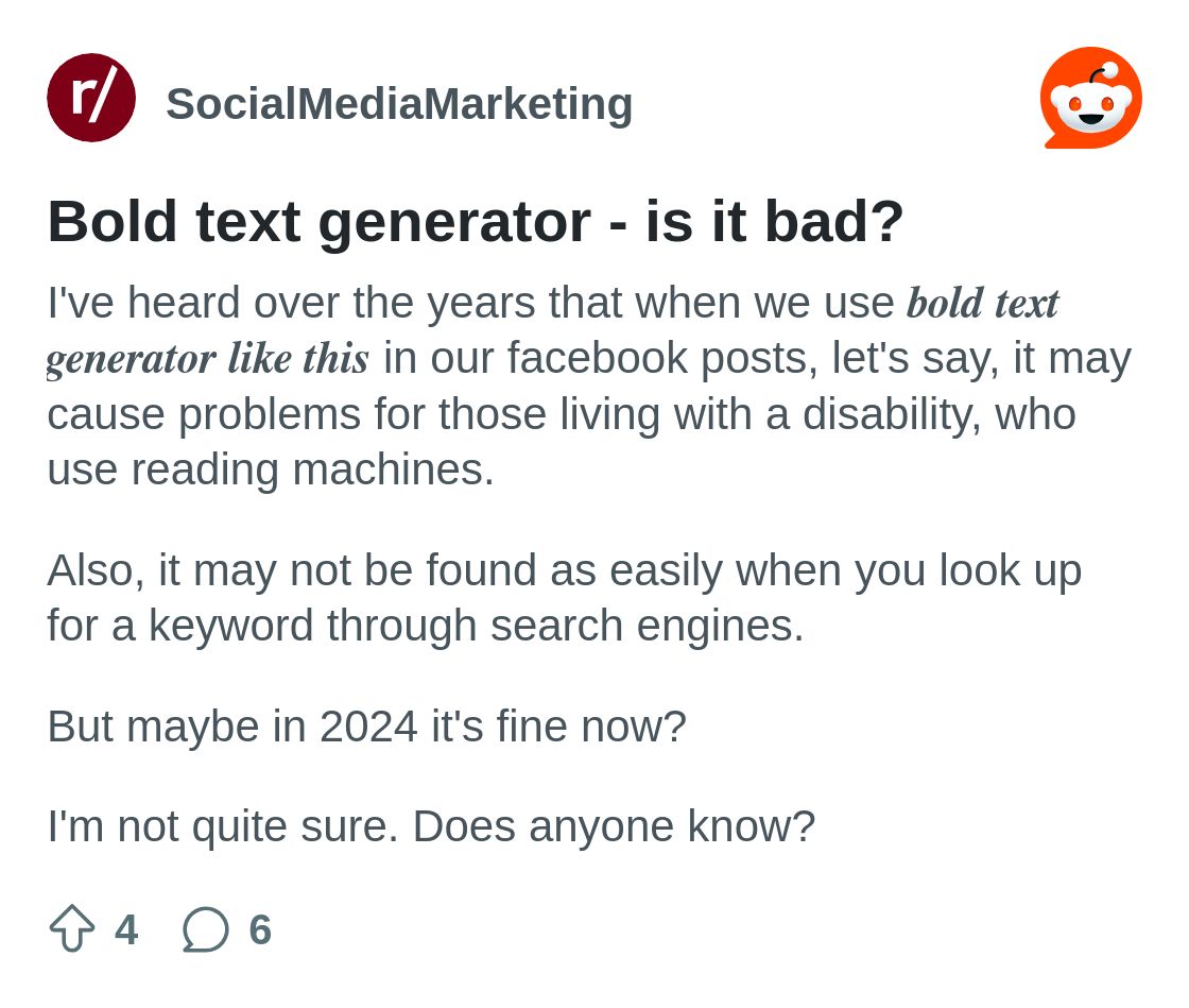 r/SocialMediaMarketing on Reddit: Bold text generator - is it bad?