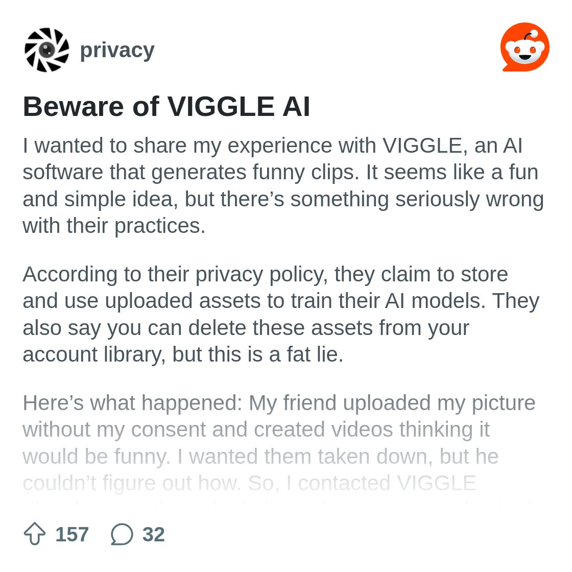 r/privacy on Reddit: Beware of VIGGLE AI