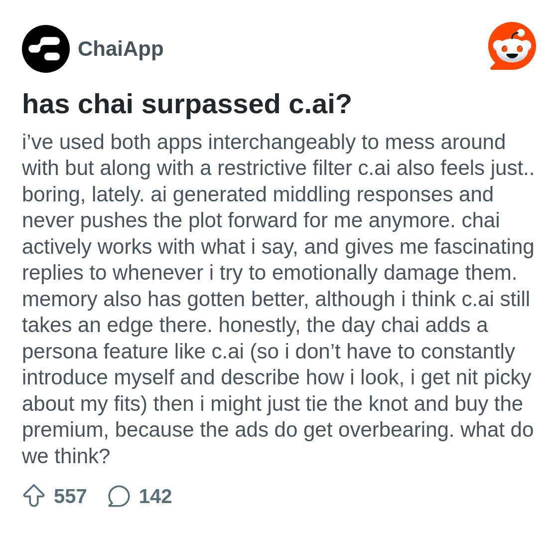 has chai surpassed c.ai? : r/ChaiApp