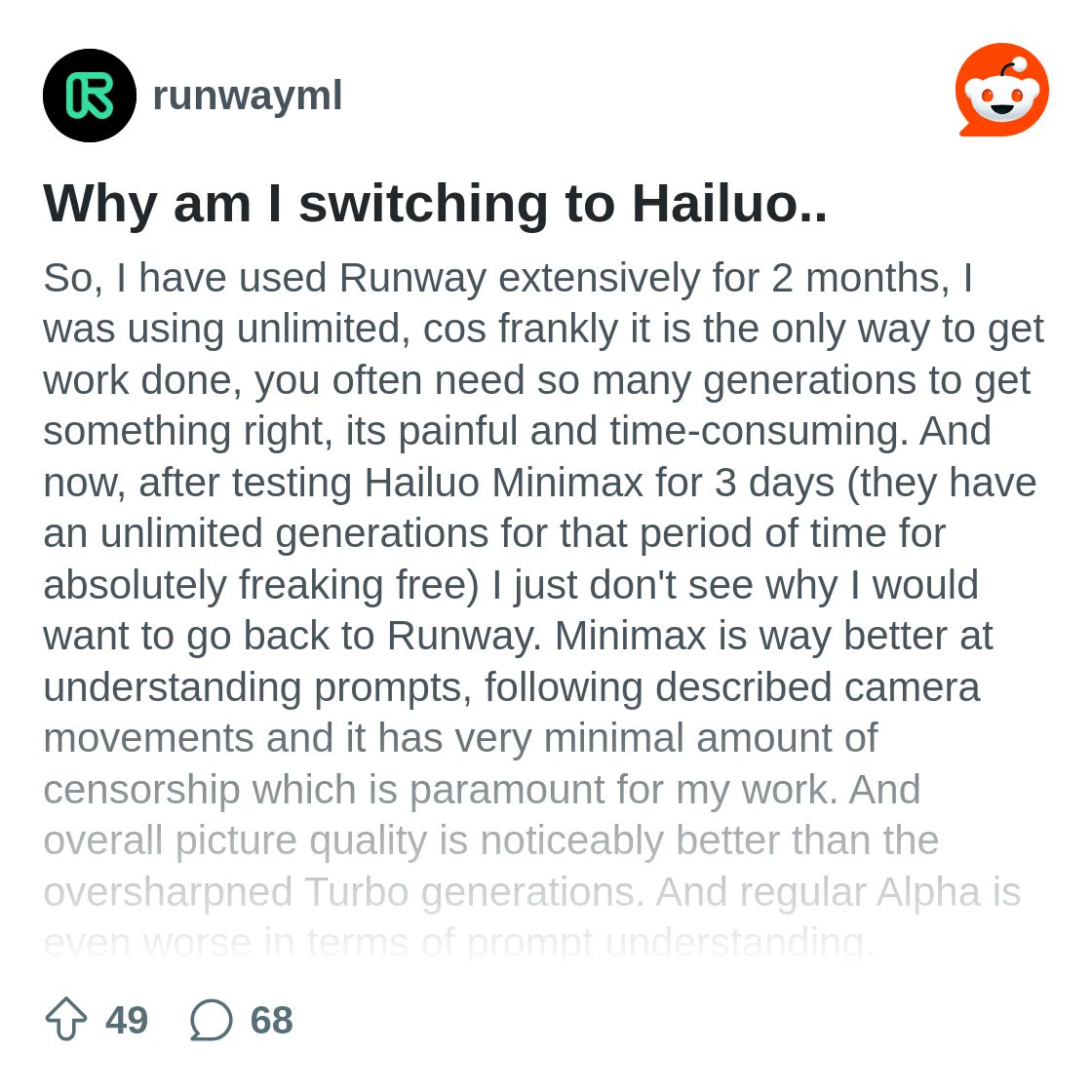 Why am I switching to Hailuo.. : r/runwayml