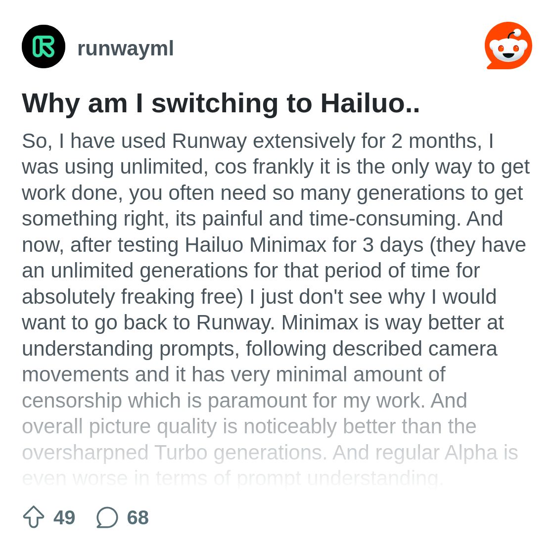 r/runwayml on Reddit: Why am I switching to Hailuo..