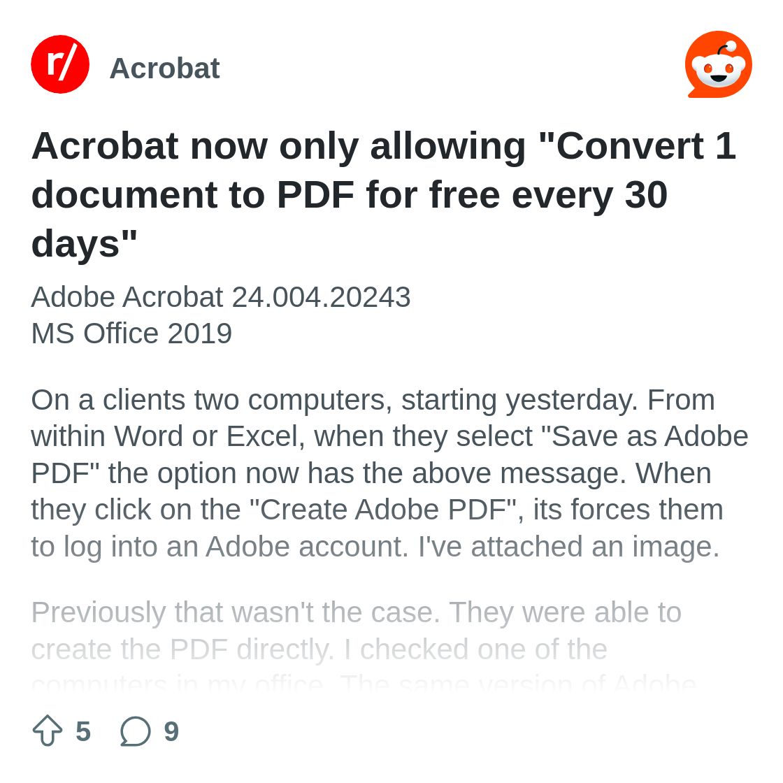 r/Acrobat on Reddit: Acrobat now only allowing "Convert 1 document to PDF for free every 30 days"