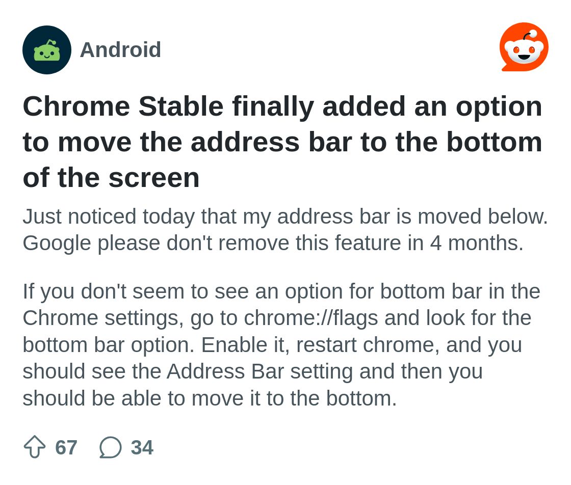 r/Android on Reddit: Chrome Stable finally added an option to move the address bar to the bottom of the screen