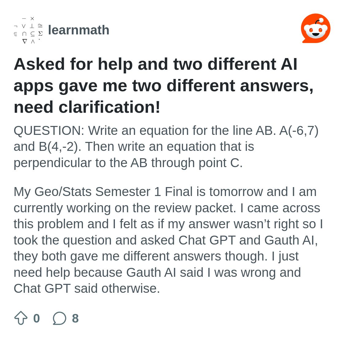 r/learnmath on Reddit: Asked for help and two different AI apps gave me two different answers, need clarification!