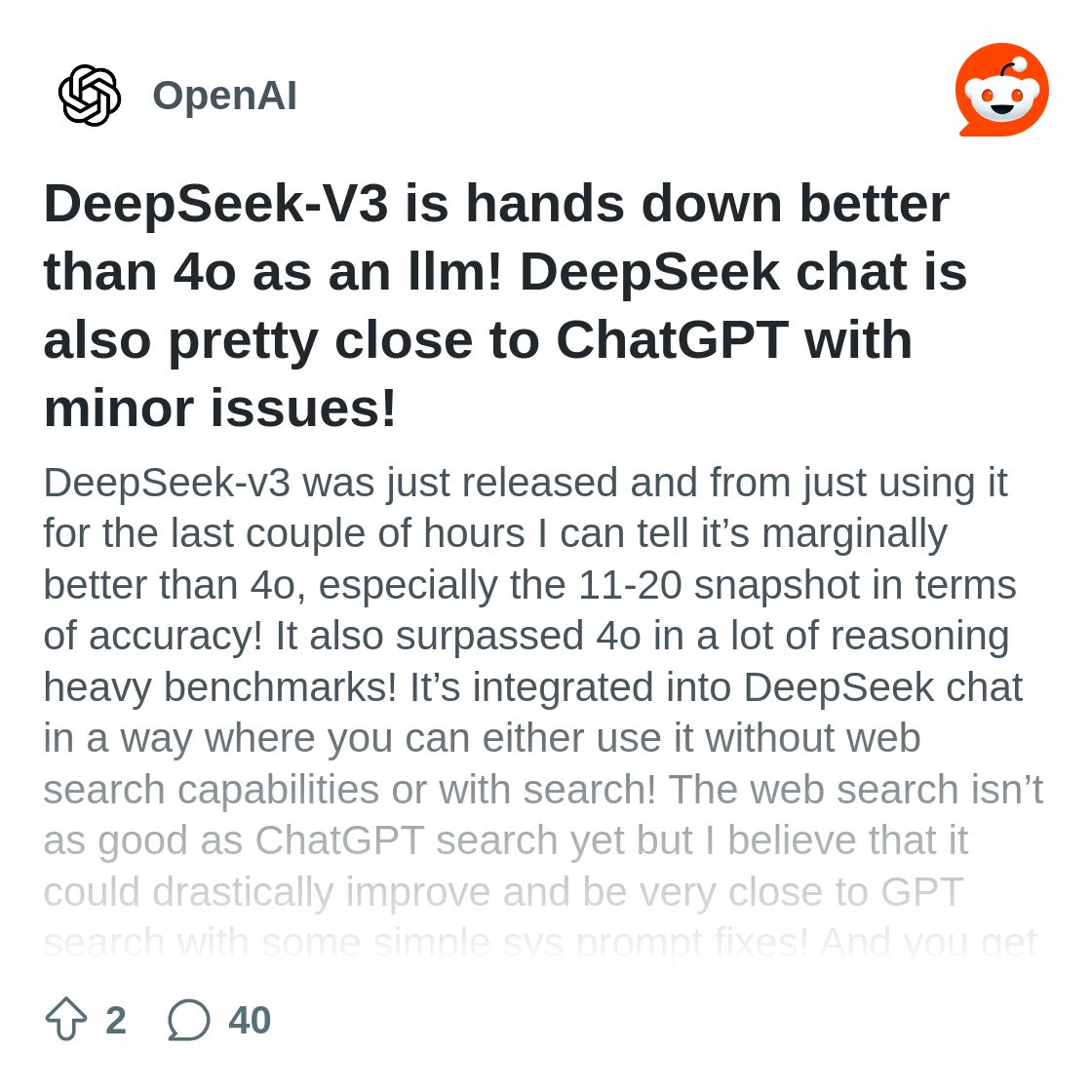 DeepSeek-V3 is hands down better than 4o as an llm! DeepSeek ...