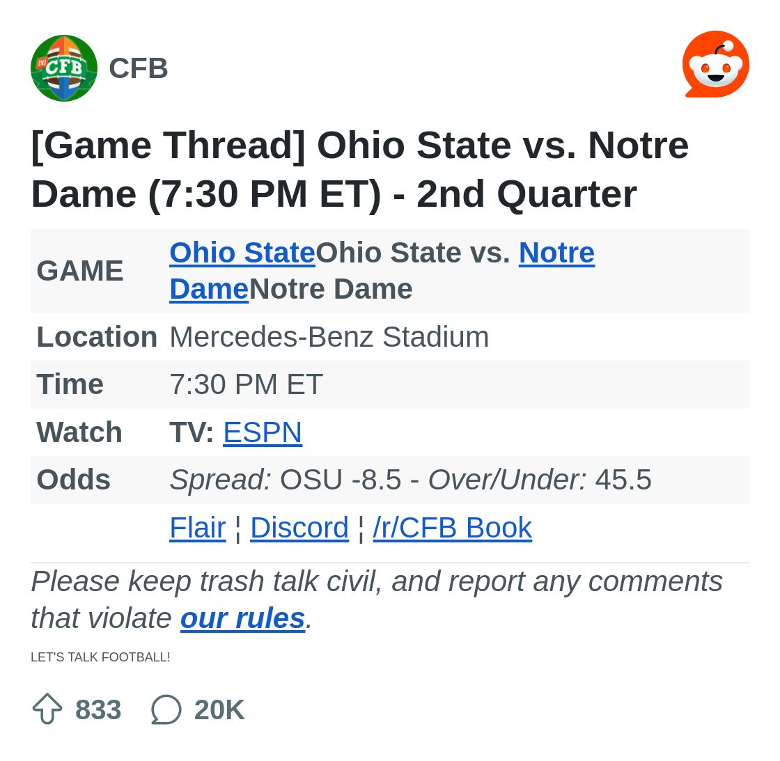 [Game Thread] Ohio State vs. Notre Dame (7:30 PM ET) - 2nd ...