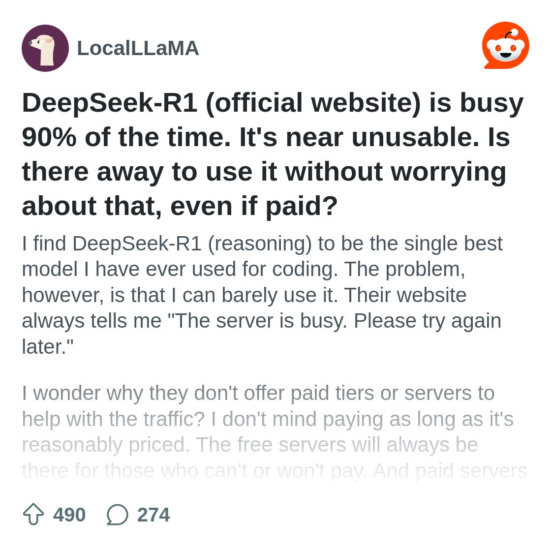 DeepSeek-R1 (official website) is busy 90% of the time. It's near ...