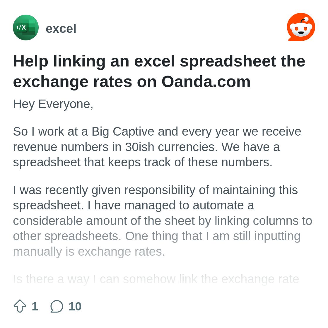 r/excel on Reddit: Help linking an excel spreadsheet the exchange rates on Oanda.com