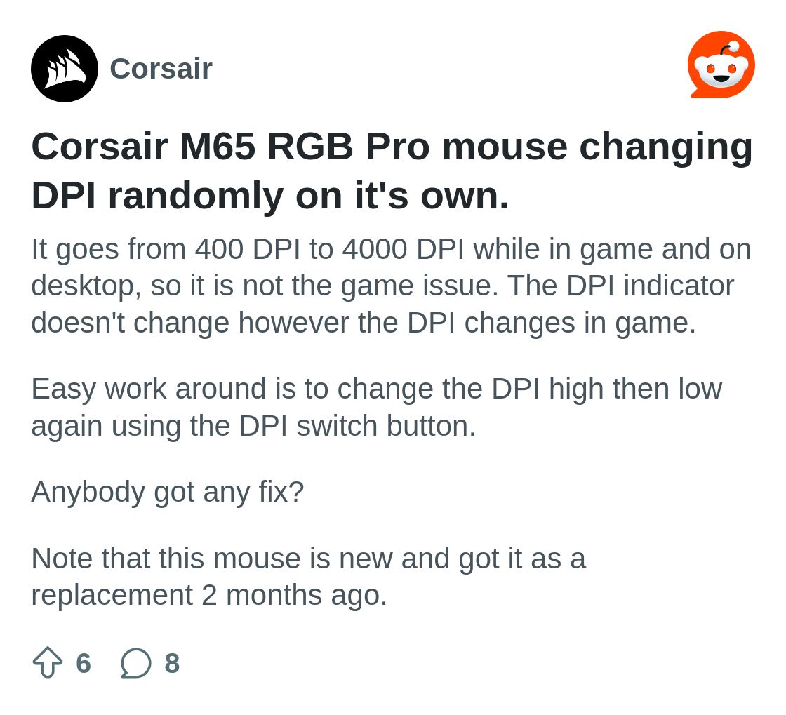 Corsair M65 RGB Pro mouse changing DPI randomly on it's own. : r ...