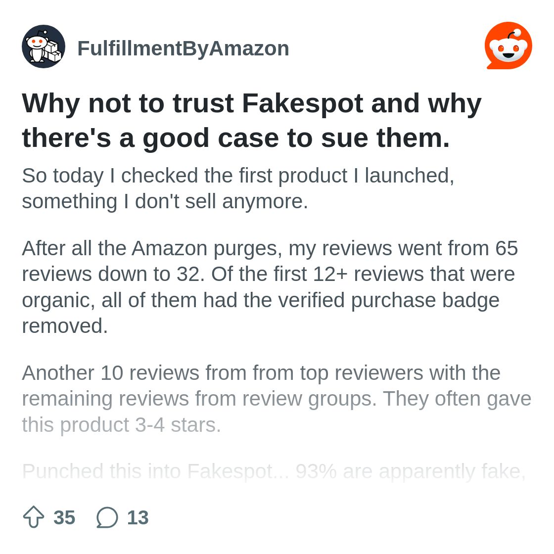 r/FulfillmentByAmazon on Reddit: Why not to trust Fakespot and why there's a good case to sue them.