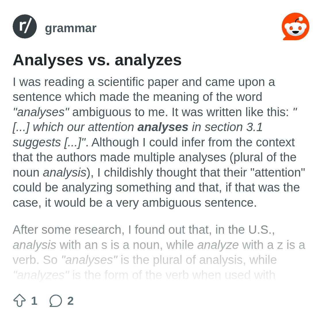 r/grammar on Reddit: Analyses vs. analyzes