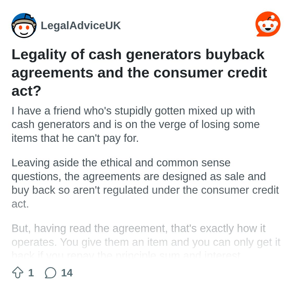 r/LegalAdviceUK on Reddit: Legality of cash generators buyback agreements and the consumer credit act?