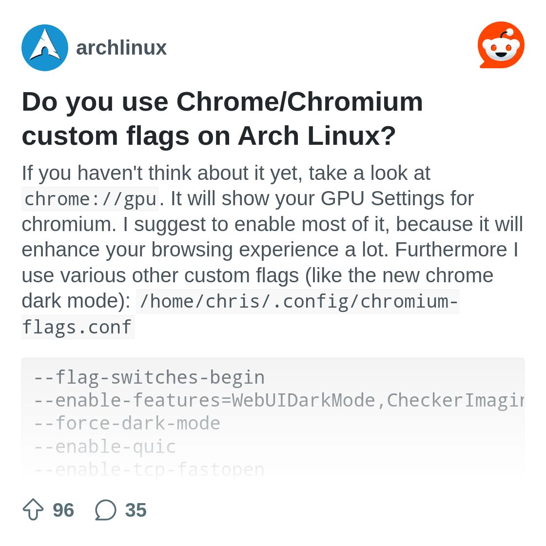 r/archlinux on Reddit: Do you use Chrome/Chromium custom flags on Arch Linux?