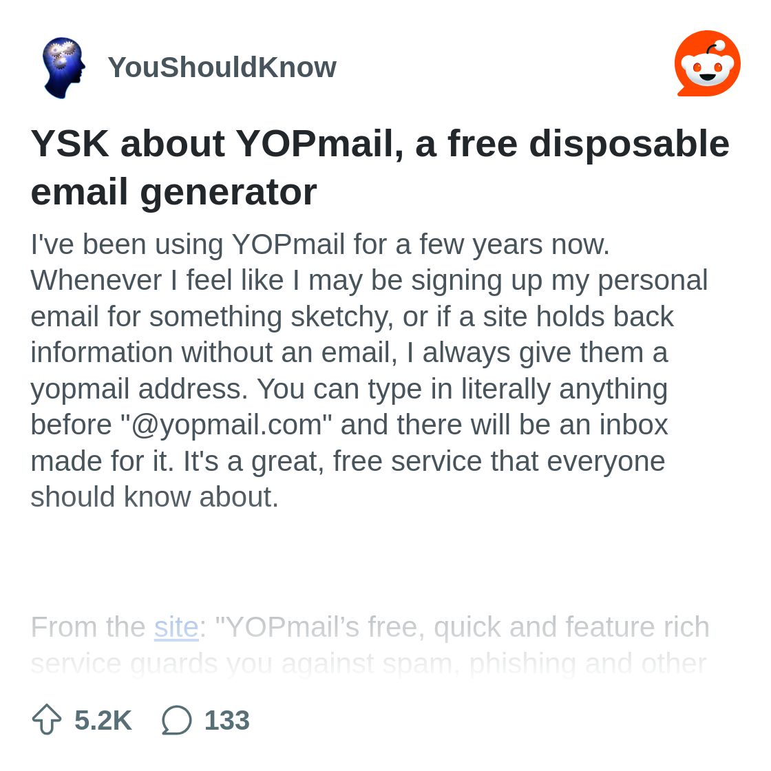 r/YouShouldKnow on Reddit: YSK about YOPmail, a free disposable email generator