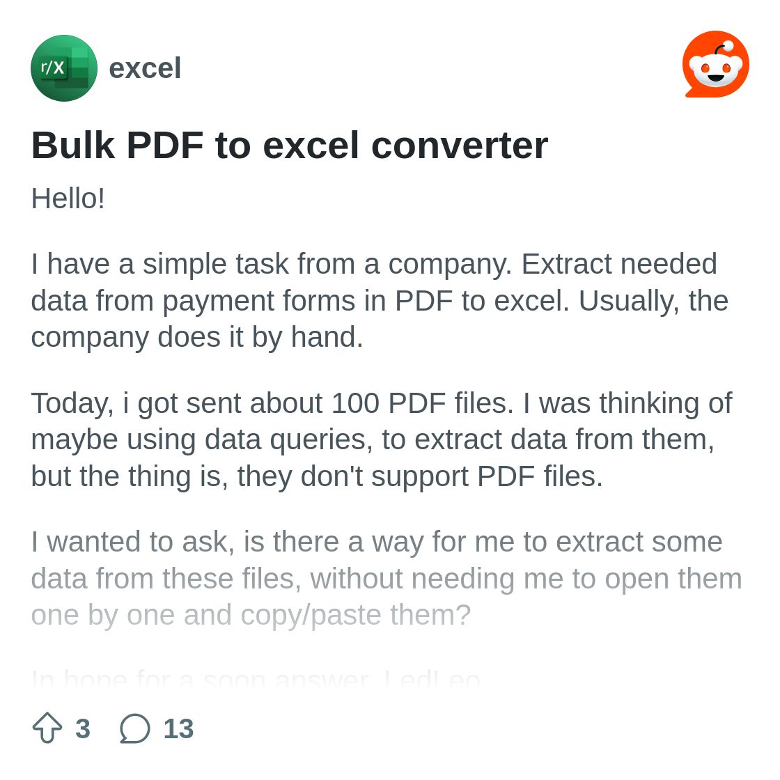 r/excel on Reddit: Bulk PDF to excel converter