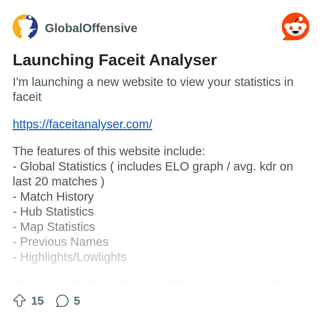 r/GlobalOffensive on Reddit: Launching Faceit Analyser