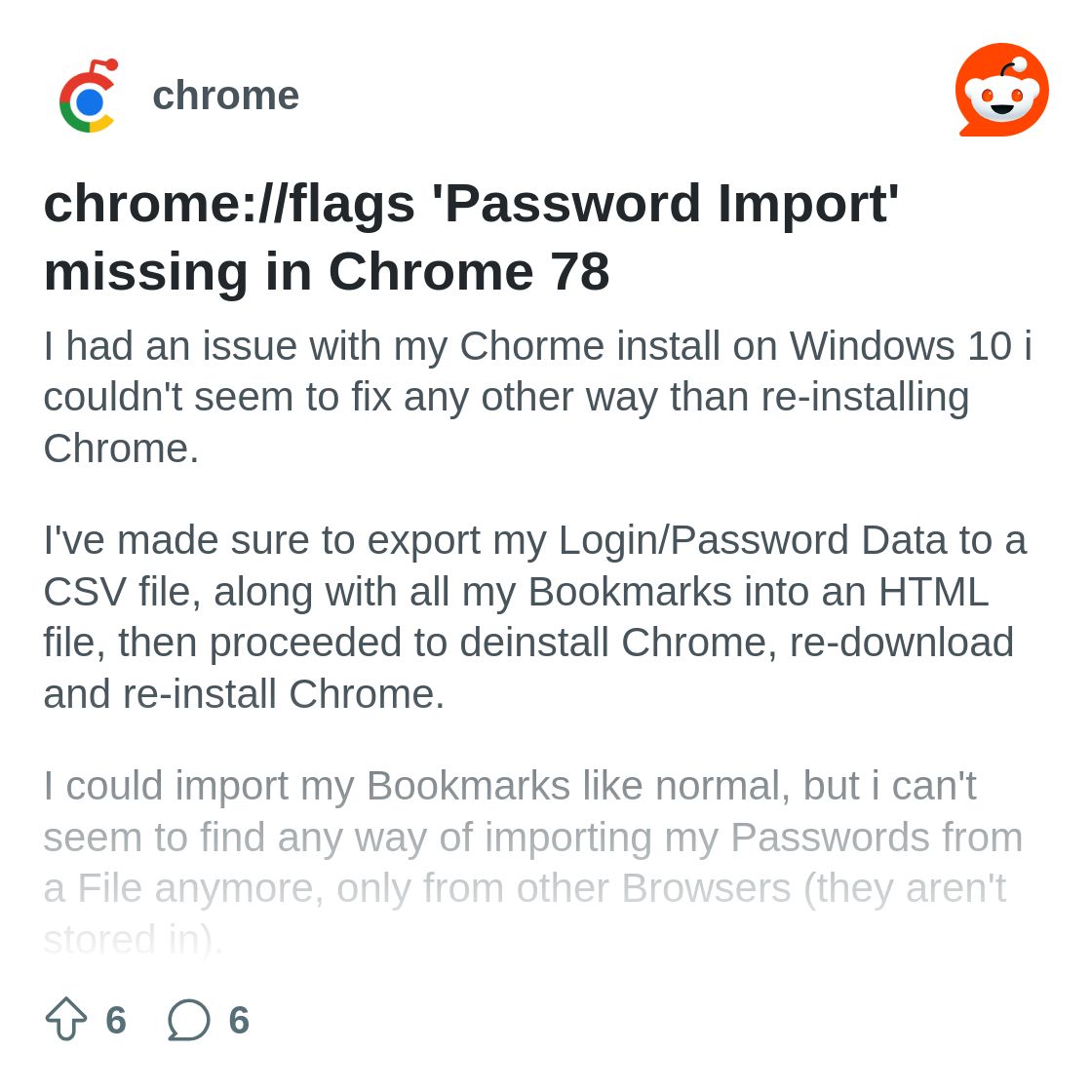 r/chrome on Reddit: chrome://flags 'Password Import' missing in Chrome 78